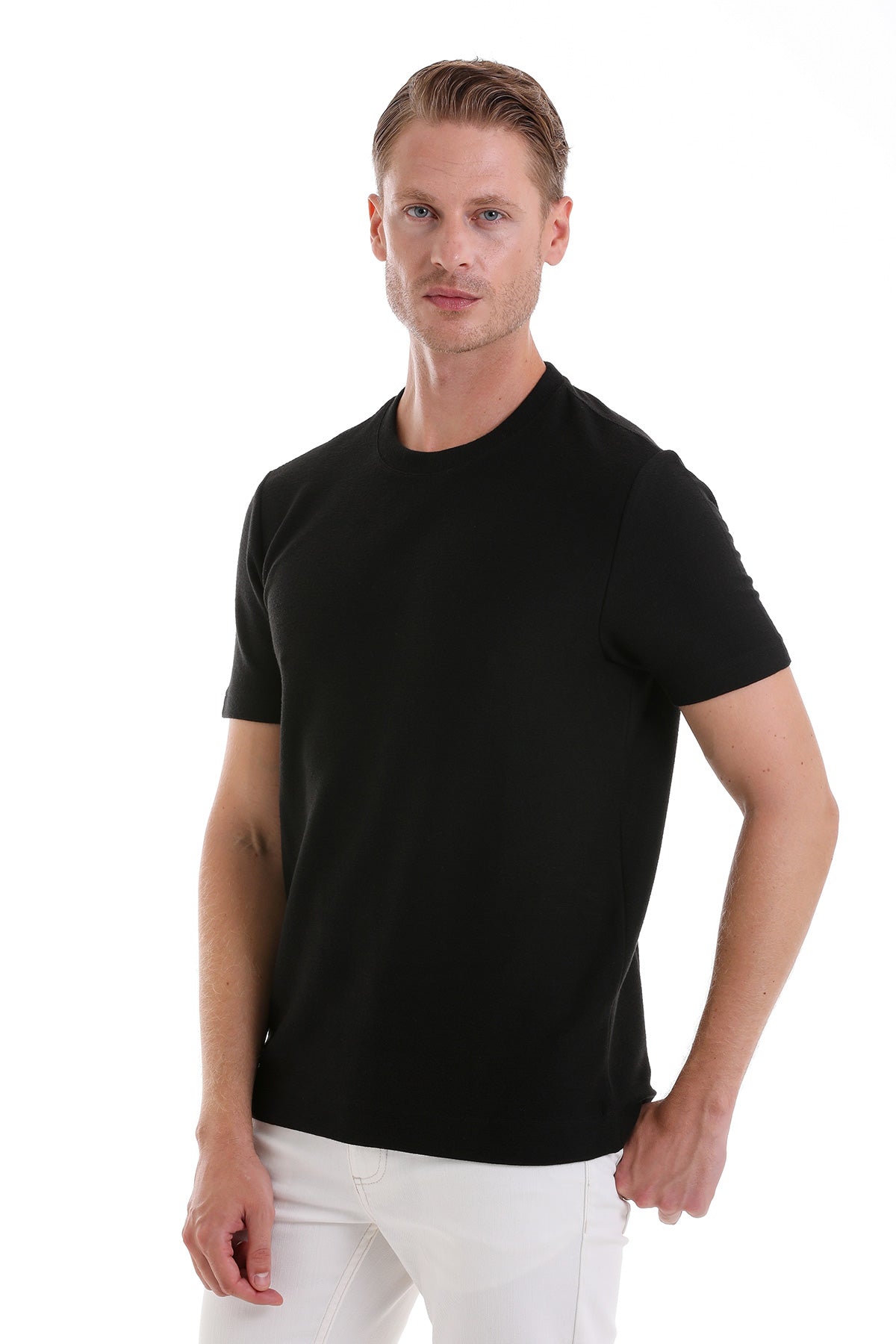 Regular Fit Black Crewneck T-Shirt - SAYKI