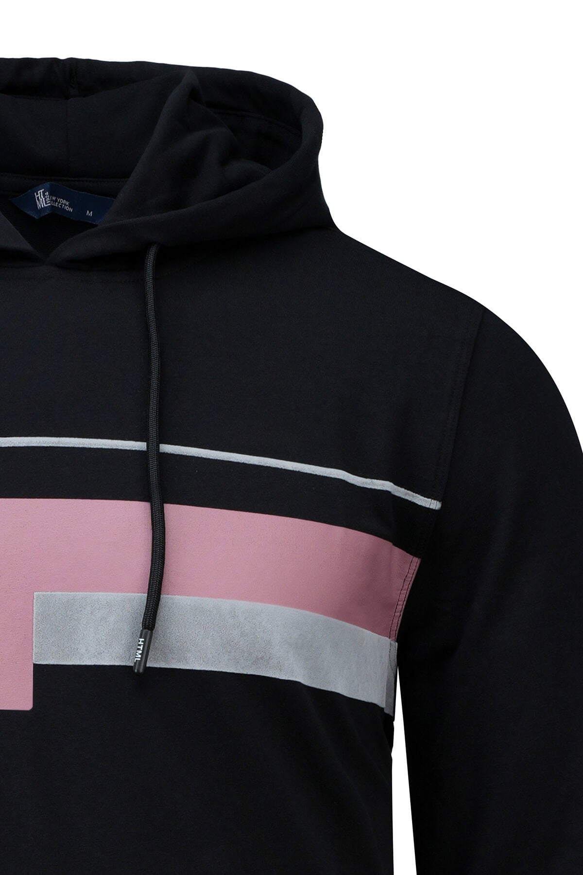 Regular fit black graphic print pullover hoodie with pink and silver stripes and a drawstring hood