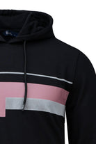 Regular fit black graphic print pullover hoodie with pink and silver stripes and a drawstring hood