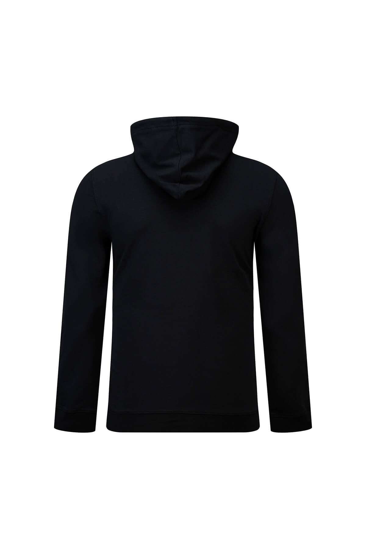 Regular fit black hooded sweatshirt with long sleeves and a smooth solid fabric finish for casual wear