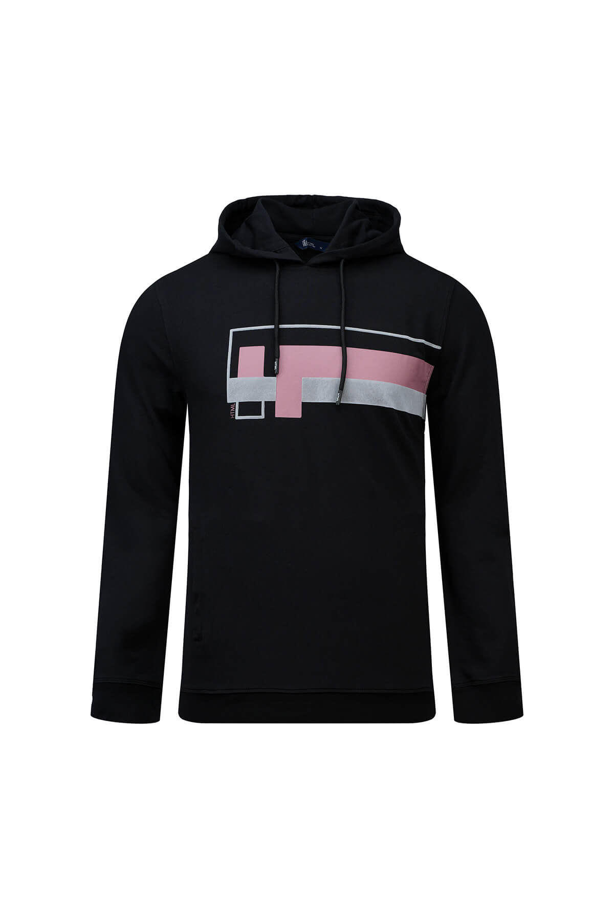 Regular fit black pullover hoodie with bold geometric pink and gray stripe graphic on chest