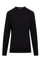 Black crewneck sweater with subtle textured pattern across the shoulders and chest.
