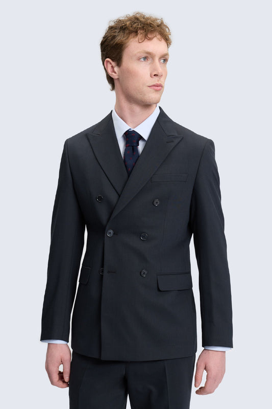 Regular fit black double-breasted suit jacket with peak lapel notched collar and dark buttons for classic style