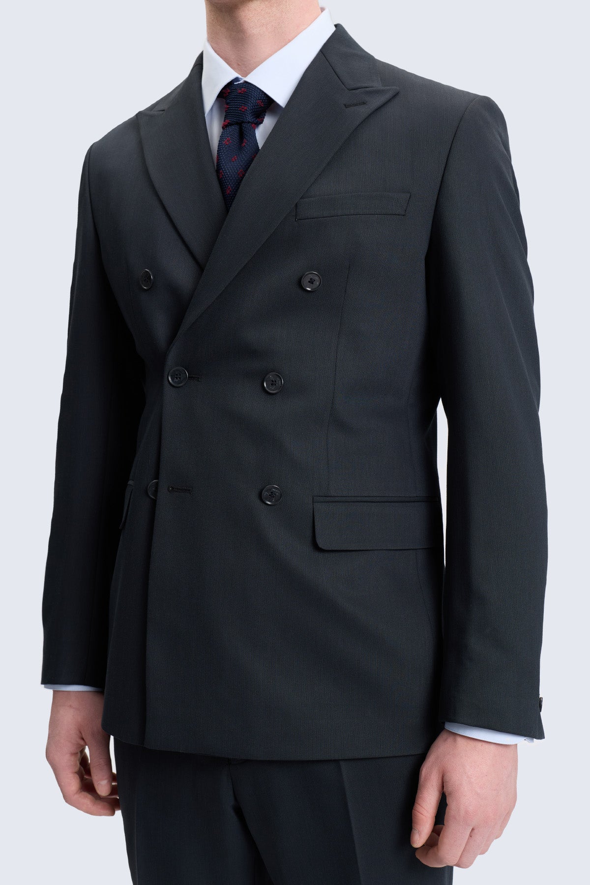 Regular fit black peak lapel double-breasted suit jacket with notched lapels and matching buttons