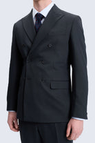 Regular fit black peak lapel double-breasted suit jacket with notched lapels and matching buttons