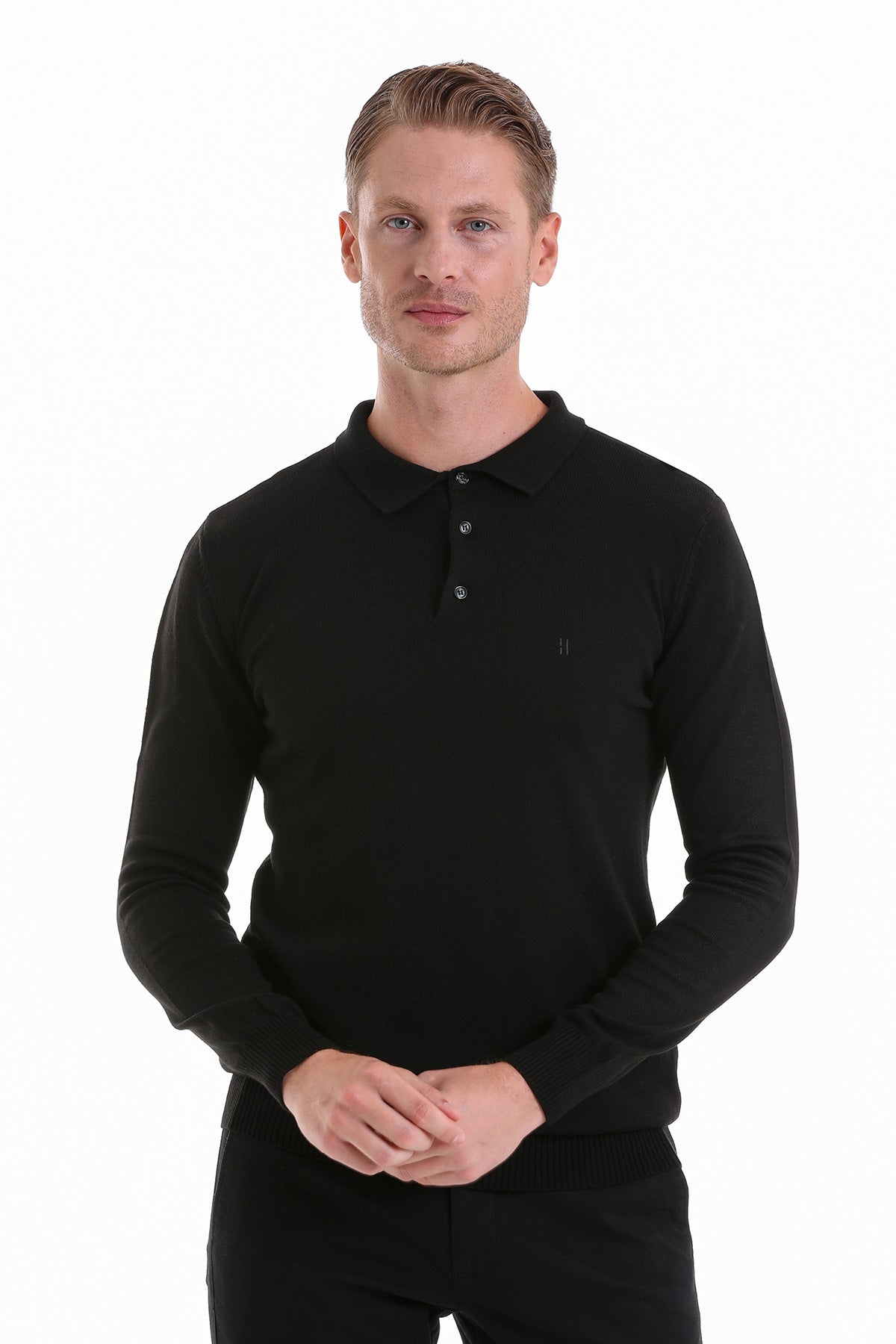 Black long-sleeved polo shirt with a subtle embroidered logo on the chest.