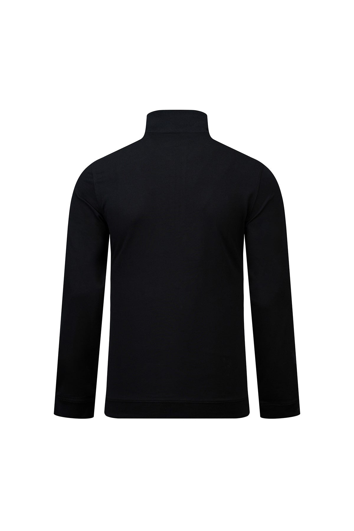 Regular fit black quarter-zip mock neck sweatshirt in smooth solid fabric with long sleeves and a turtleneck design