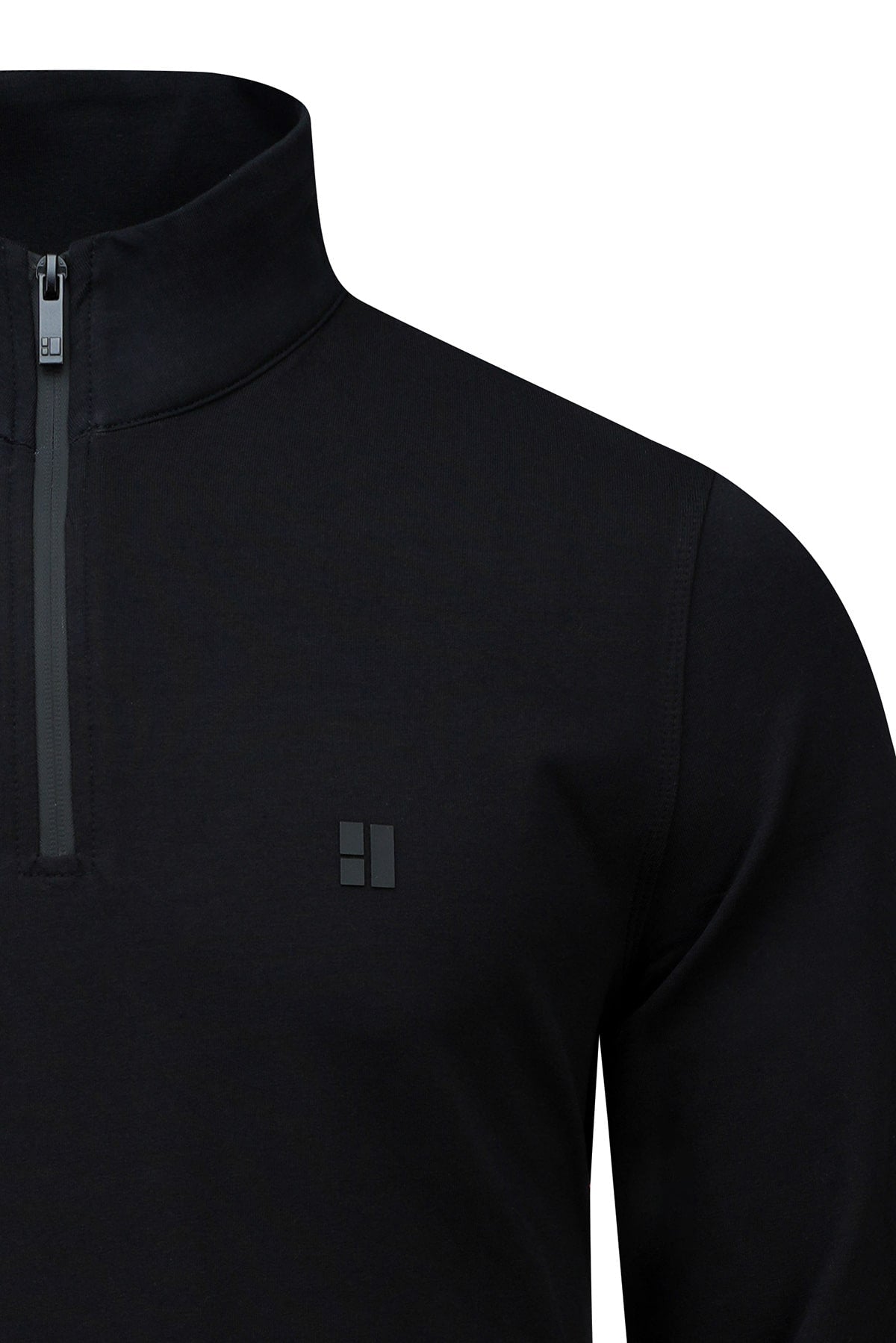 Regular fit black half-zip fleece jacket with mock neck and subtle chest logo for casual wear