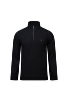 Regular fit black quarter-zip mock neck fleece pullover with subtle logo on left chest for casual wear