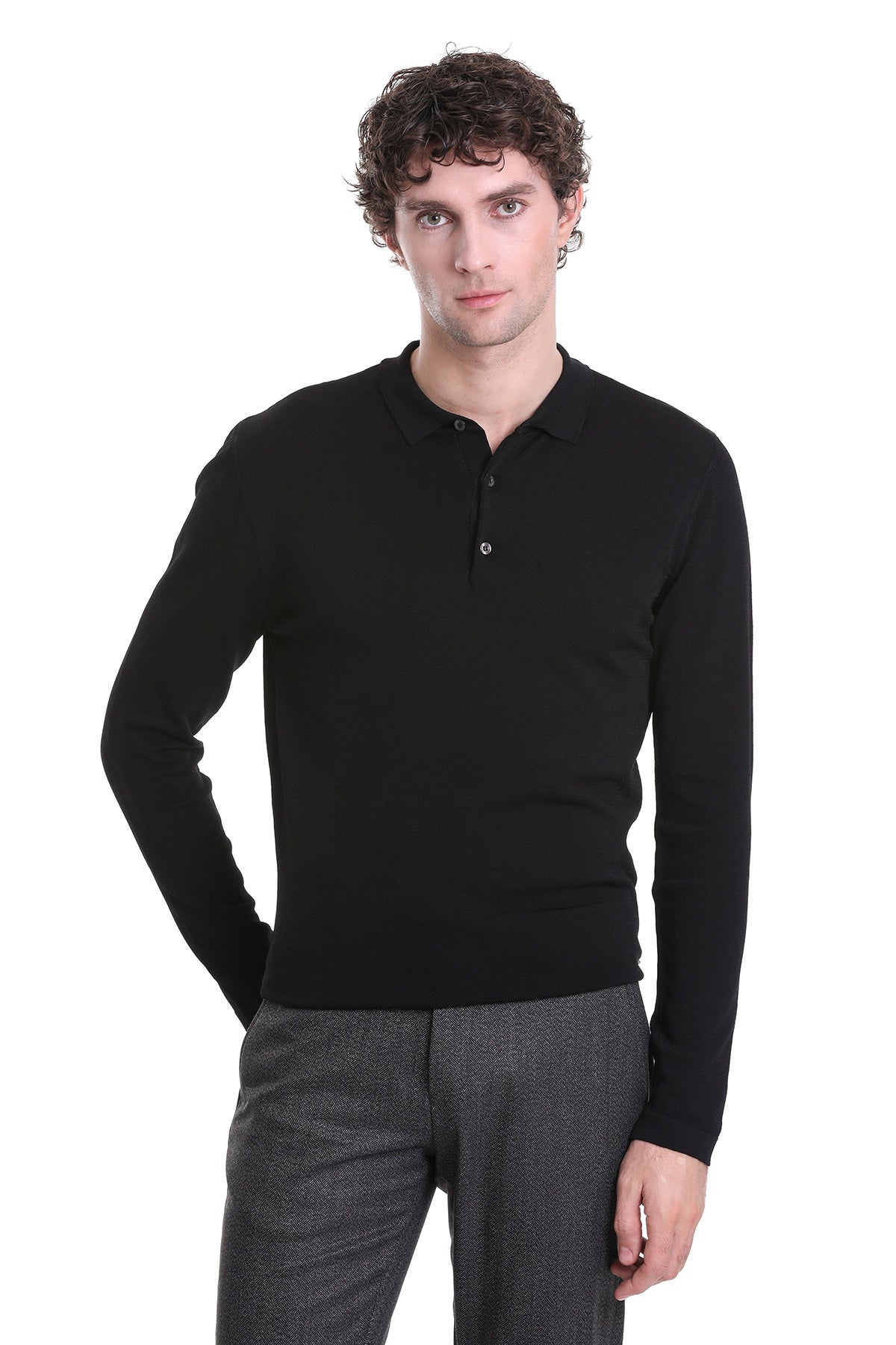 Black long-sleeved polo shirt with a classic collar and buttoned placket.
