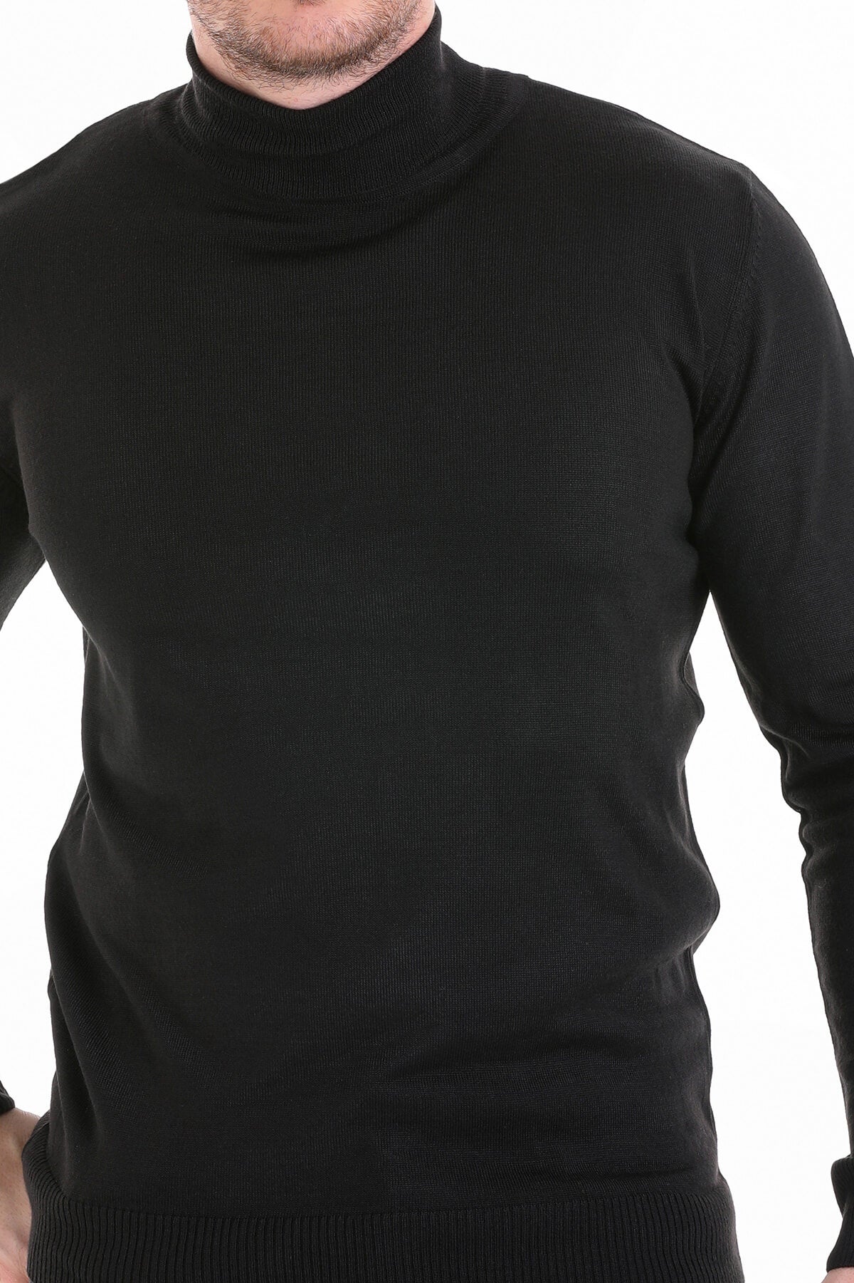 Regular fit black turtleneck wool-blend sweater with ribbed knit perfect for smart casual wear
