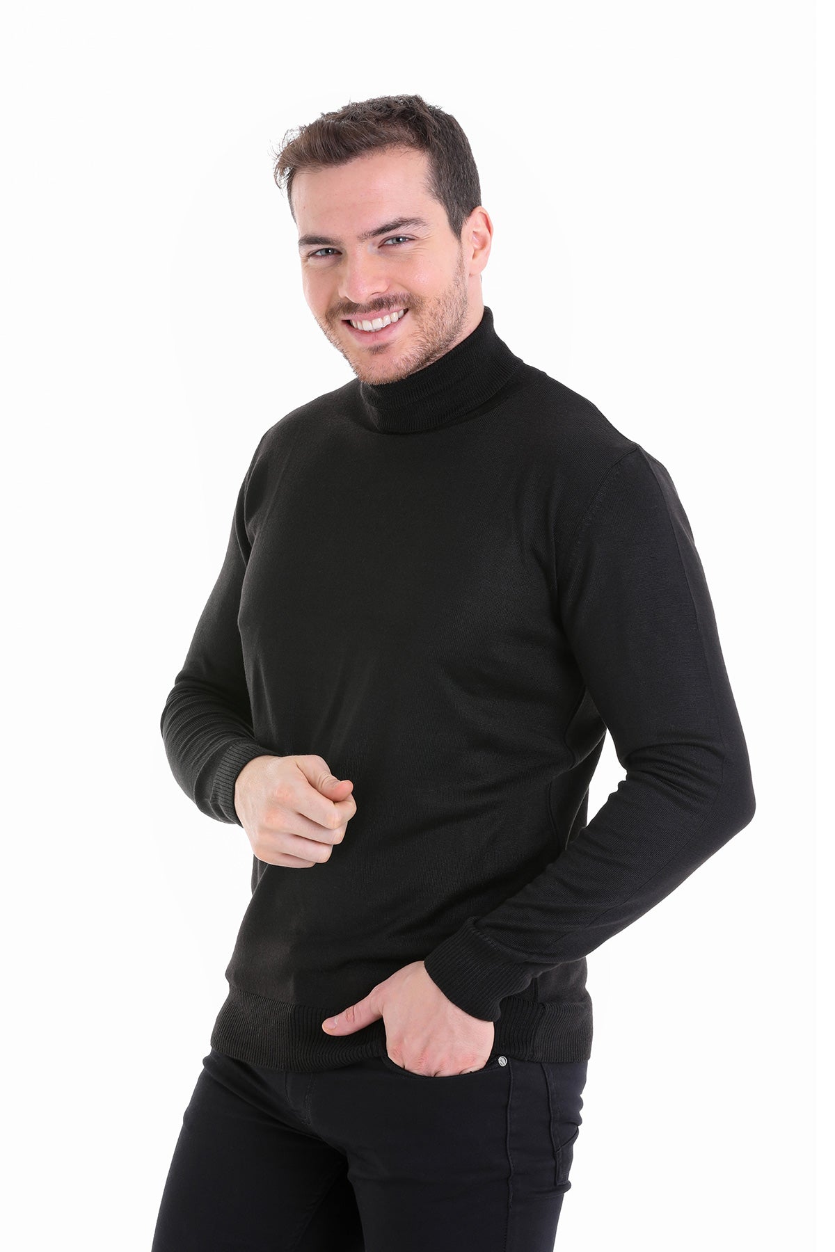 Regular fit black turtleneck wool-blend sweater with ribbed cuffs and hem ideal for smart casual wear