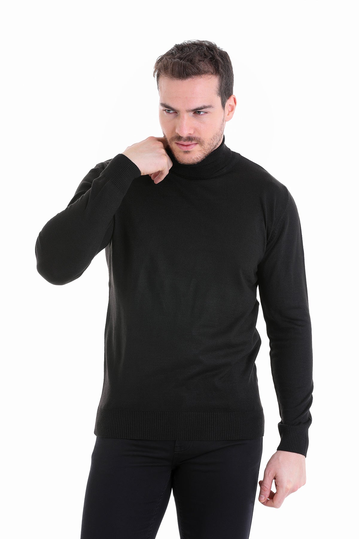 Regular fit black turtleneck wool-blend sweater with ribbed cuffs and hem perfect for smart casual wear
