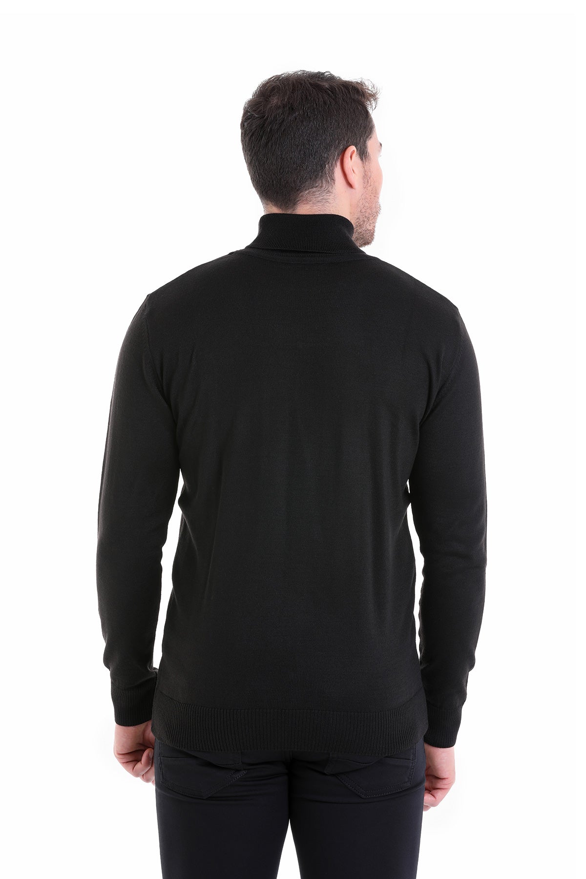 Regular fit black turtleneck wool-blend sweater with smooth fitted knit texture ideal for smart casual wear