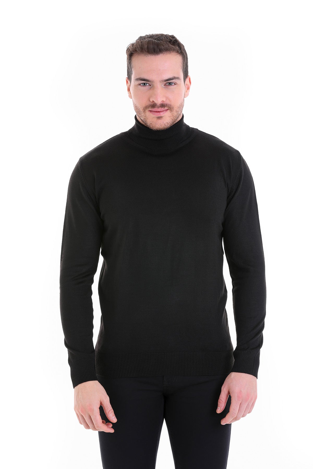 Regular fit black turtleneck wool blend sweater with ribbed cuffs and hem ideal for smart casual wear