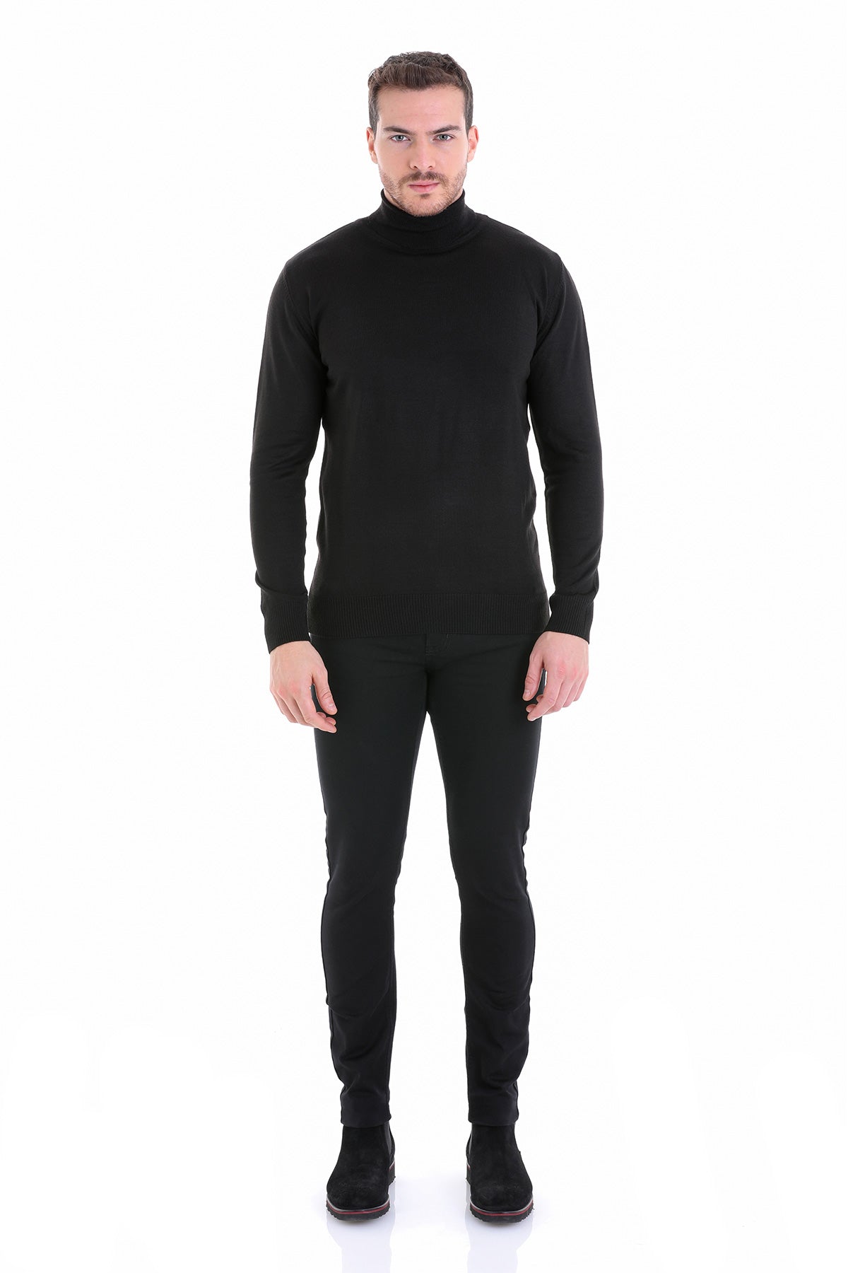 Regular fit black turtleneck wool-blend sweater with long sleeves and snug fit perfect for smart casual wear