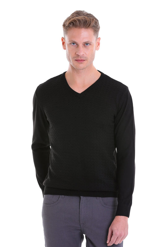 Regular Fit Black V-Neck Sweater - SAYKI