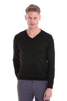 Black v-neck sweater with a smooth, fitted knit texture.
