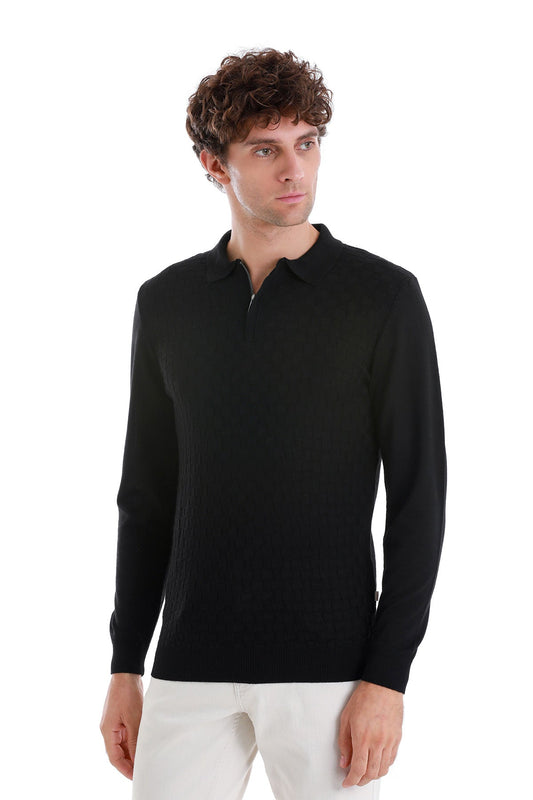 Black long-sleeved polo shirt with a subtle textured knit and a half-zip collar.