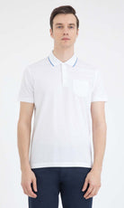 White short-sleeved polo shirt with a light blue trim on the collar and placket, featuring a single chest pocket.