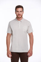 A light gray short-sleeved polo shirt with a classic collar and button placket, featuring a single chest pocket.