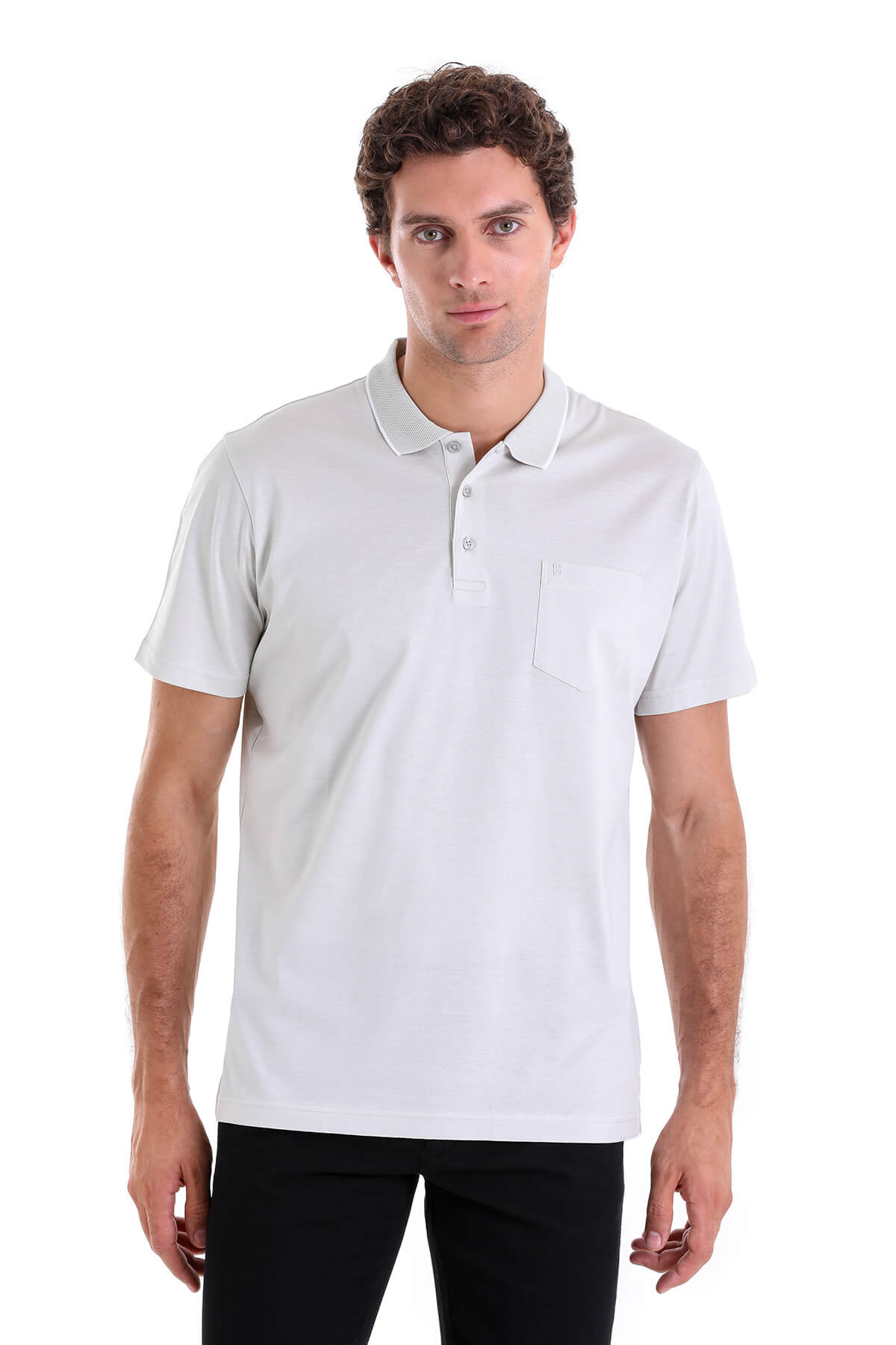 White short-sleeved polo shirt with a classic collar and chest pocket.