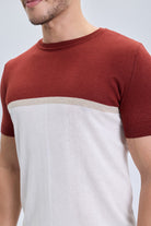 Regular fit crew neck t-shirt in rust red and white knit fabric with a beige stripe for casual wear