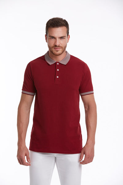 A men’s maroon polo shirt with a contrasting gray collar and sleeve cuffs, featuring white buttons.