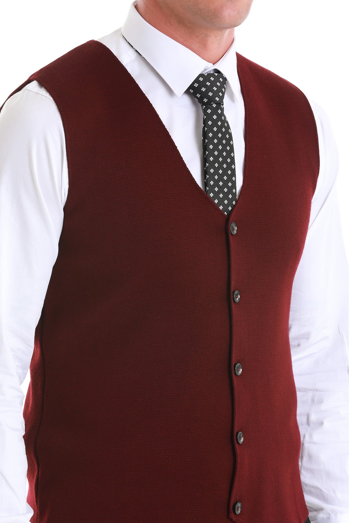 Regular Fit Burgundy Knit Button Down Vest - SAYKI