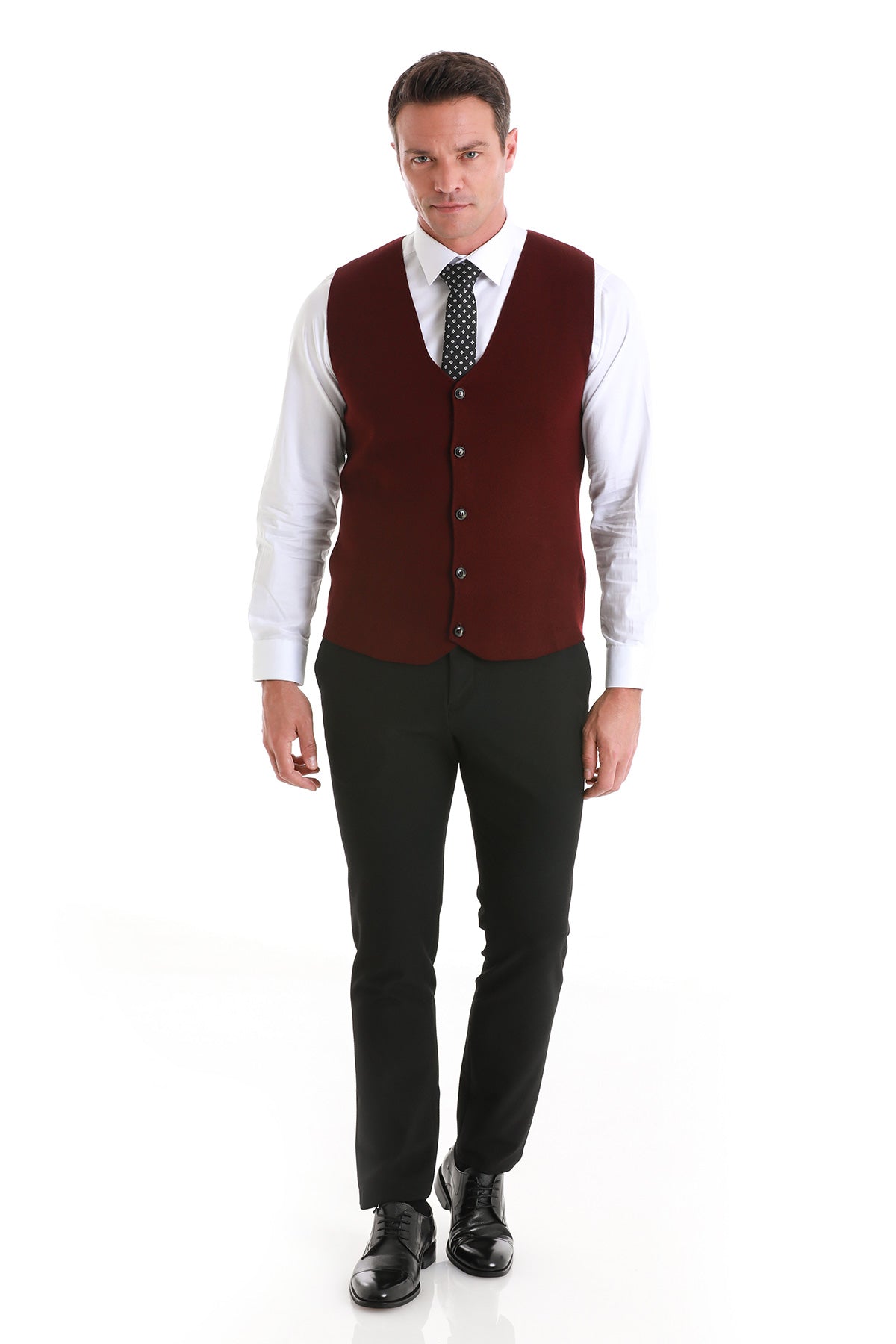 Regular Fit Burgundy Knit Button Down Vest - SAYKI