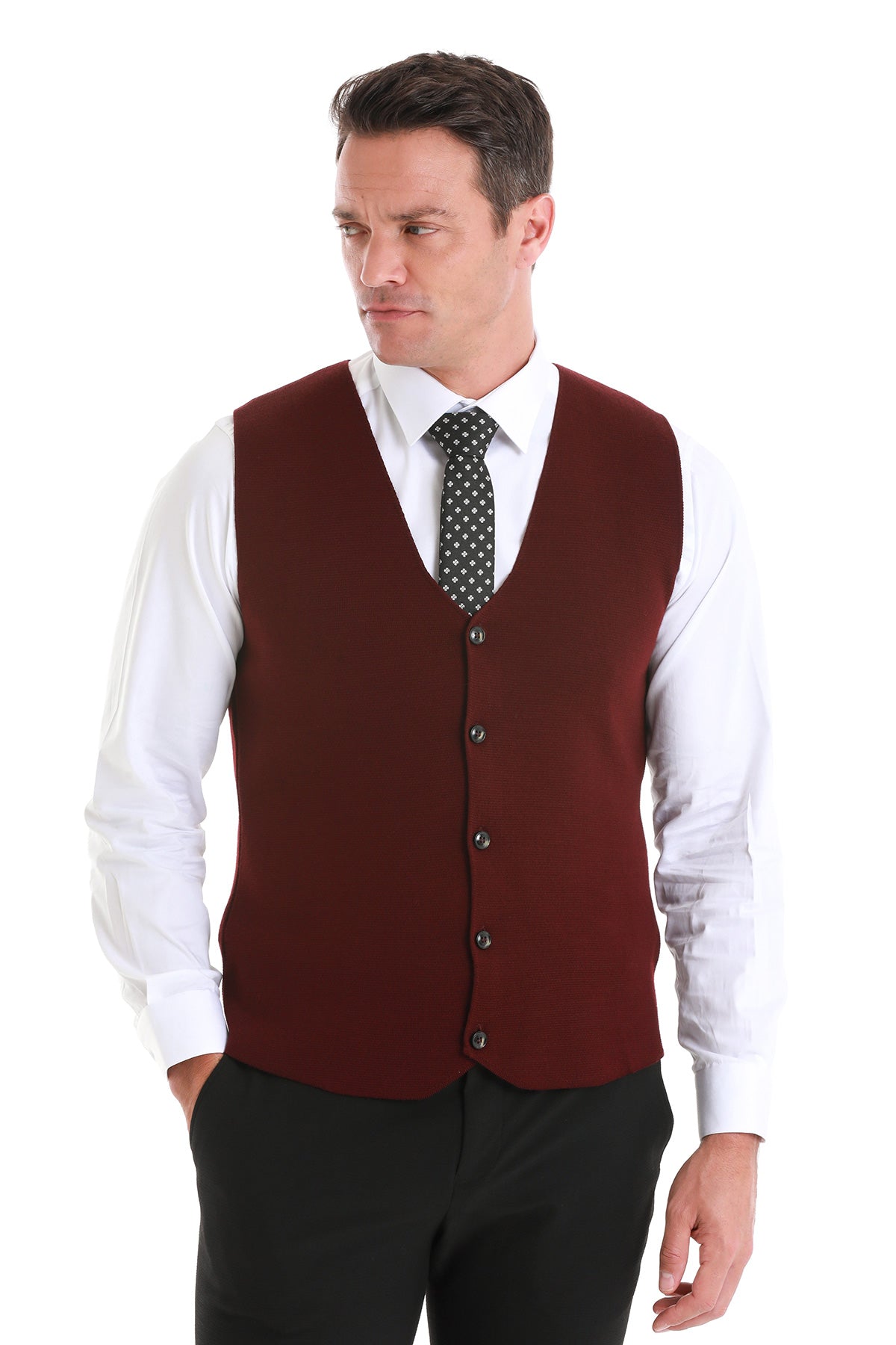 Regular Fit Burgundy Knit Button Down Vest - SAYKI