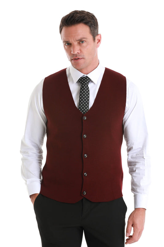 A rich burgundy wool vest with a classic button-front design and subtle texture.