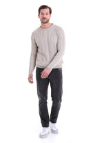 Regular Fit Cable Knit Cotton Blend Beige Crewneck Sweater