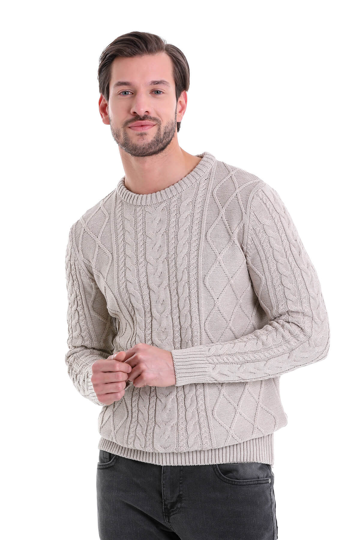 Regular Fit Cable Knit Cotton Blend Beige Crewneck Sweater