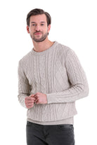 Regular Fit Cable Knit Cotton Blend Beige Crewneck Sweater