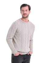 Regular Fit Cable Knit Cotton Blend Beige Crewneck Sweater