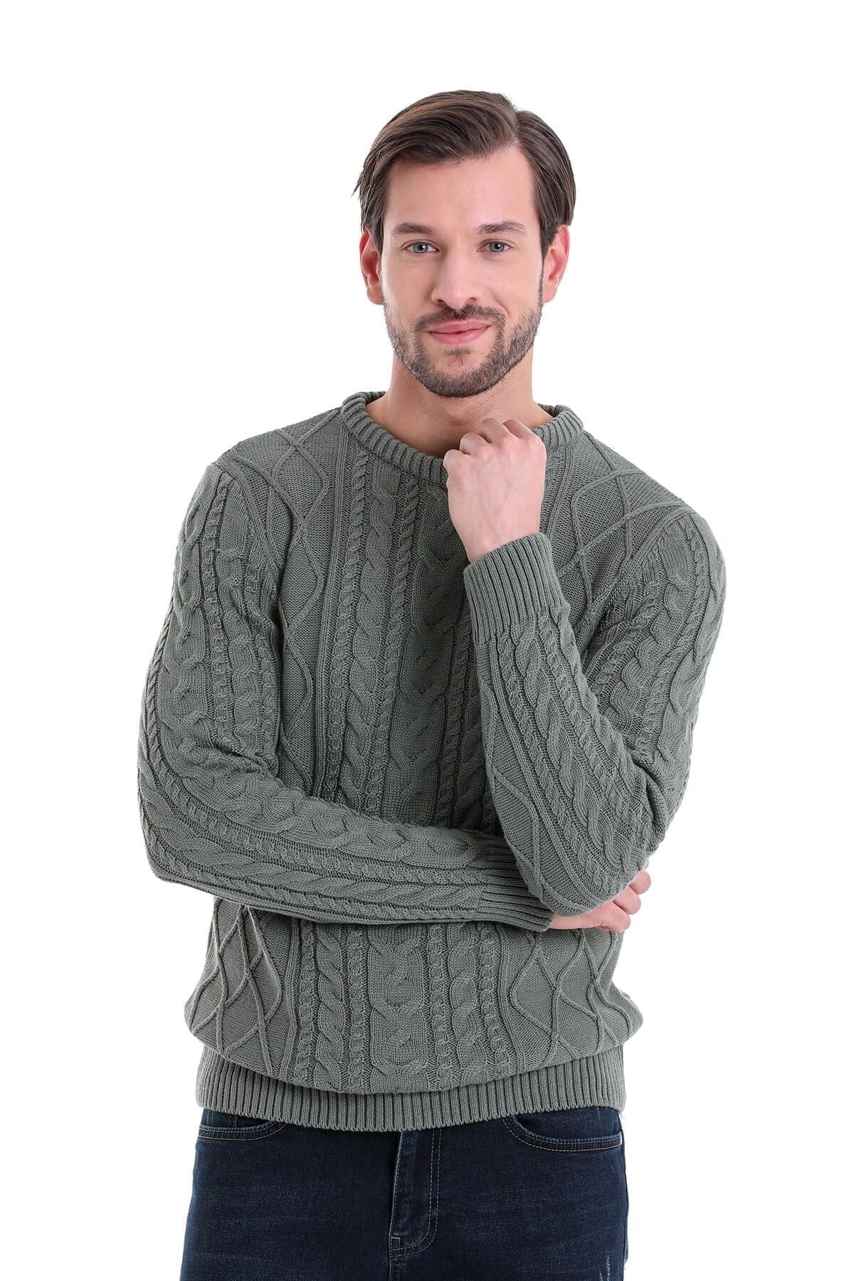 Regular Fit Cable Knit Cotton Blend Green Crewneck Sweater