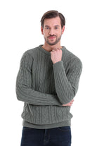 Regular Fit Cable Knit Cotton Blend Green Crewneck Sweater