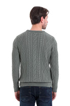 Regular Fit Cable Knit Cotton Blend Green Crewneck Sweater