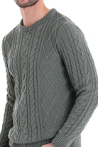 Regular Fit Cable Knit Cotton Blend Green Crewneck Sweater