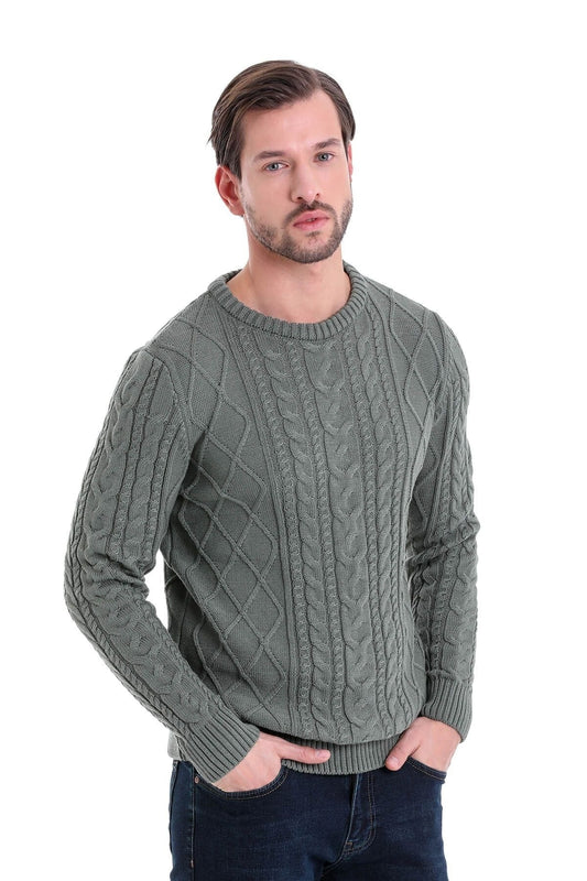 A men’s olive green cable-knit sweater with a ribbed crew neck and cuffs.