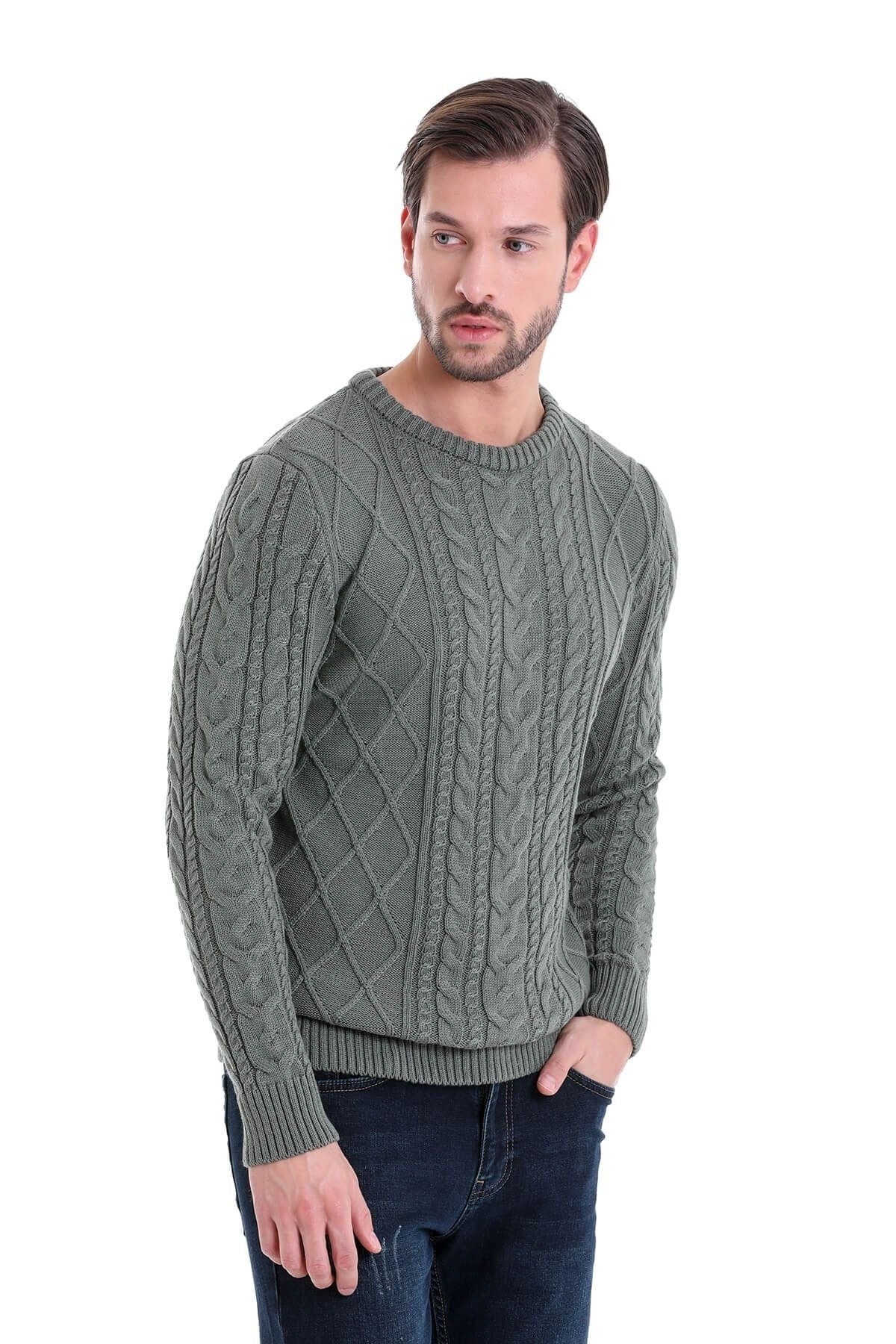 Regular Fit Cable Knit Cotton Blend Green Crewneck Sweater