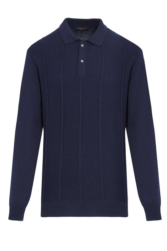 Regular Fit Cable Knit Cotton Blend Navy Polo Sweater SAYKI