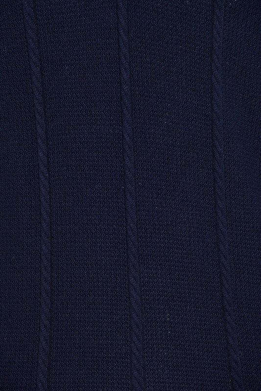 Regular Fit Cable Knit Cotton Blend Navy Polo Sweater SAYKI