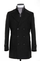 Black double-breasted wool overcoat with notched lapels and dark buttons.