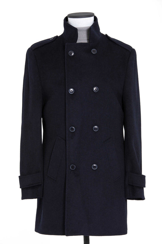 Black double-breasted wool coat with silver-toned buttons and notched lapels.