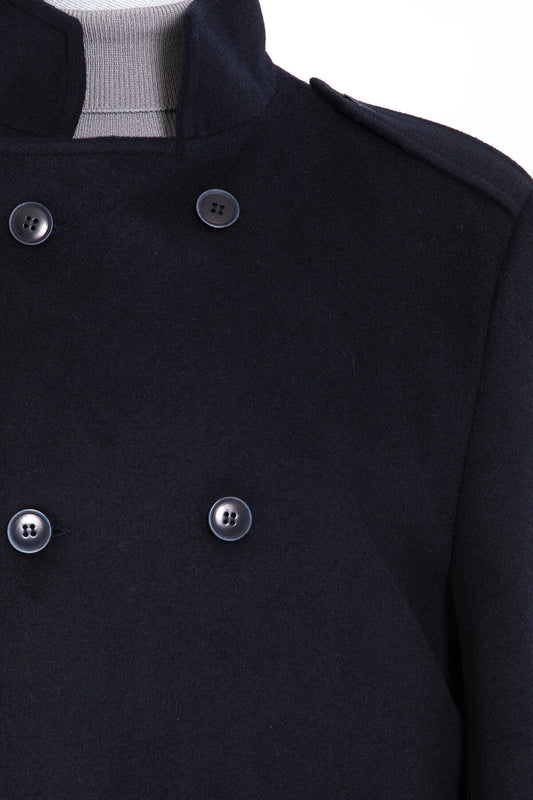 Black double-breasted coat with dark gray buttons and a high collar.