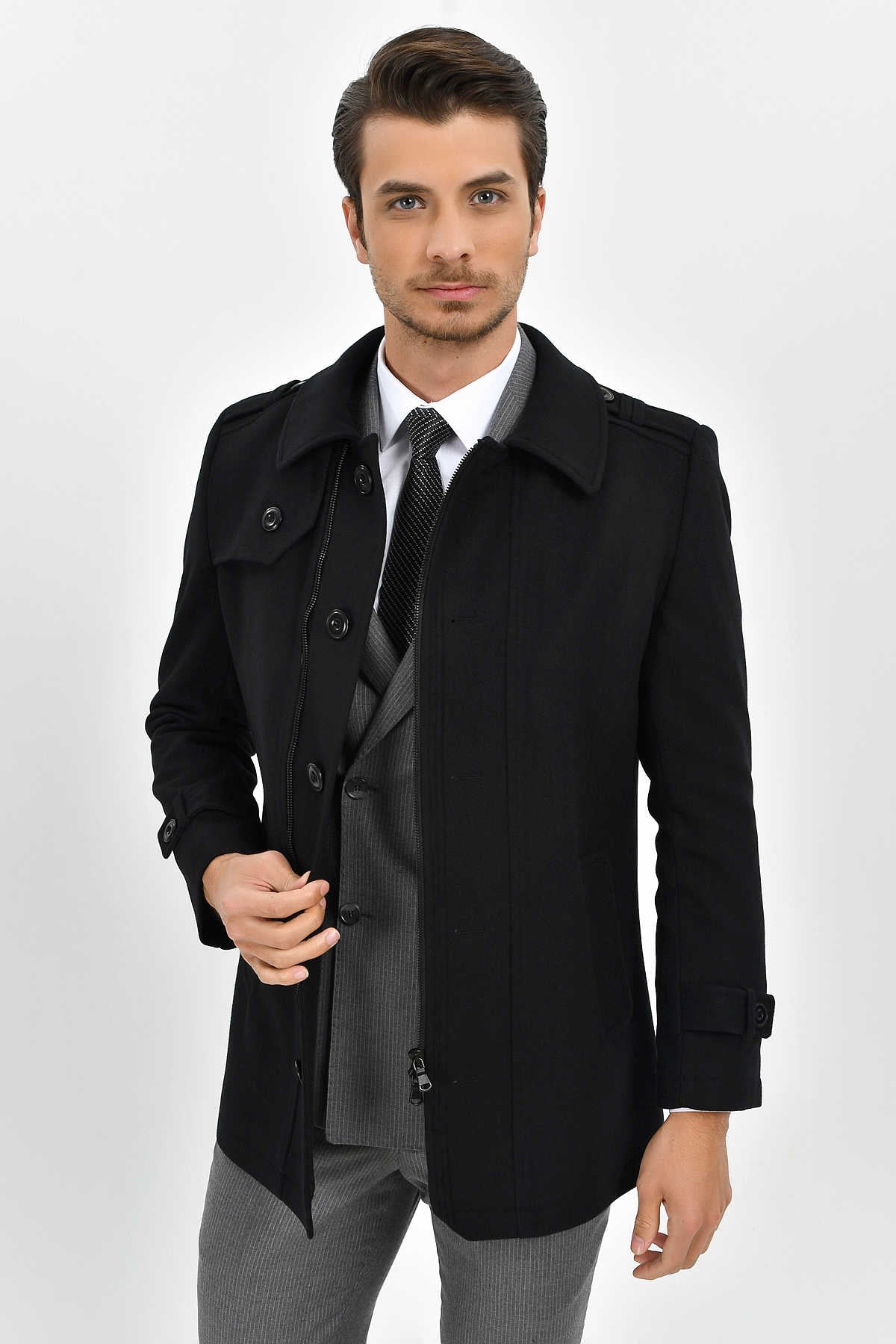 Regular Fit Cachet Flat Collar Wool Blend Black Coat - SAYKI