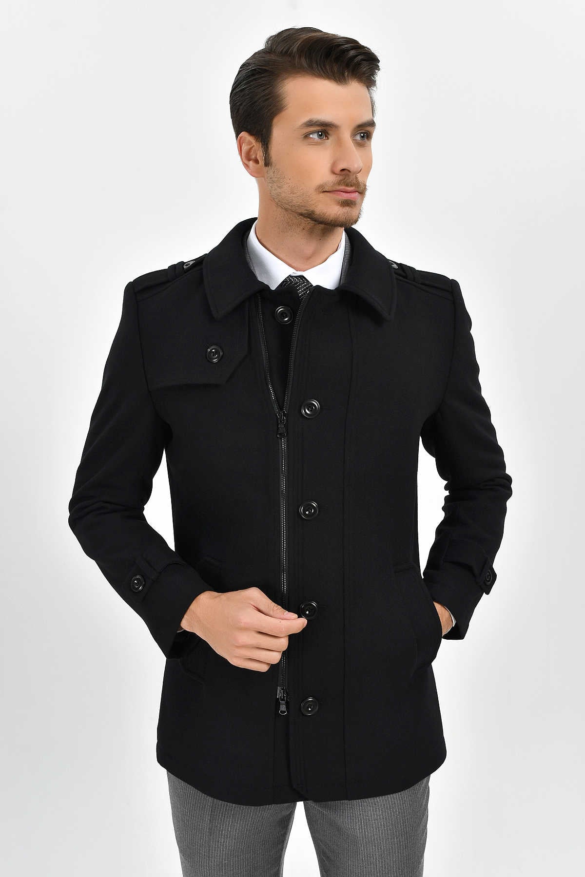 Regular Fit Cachet Flat Collar Wool Blend Black Coat - SAYKI