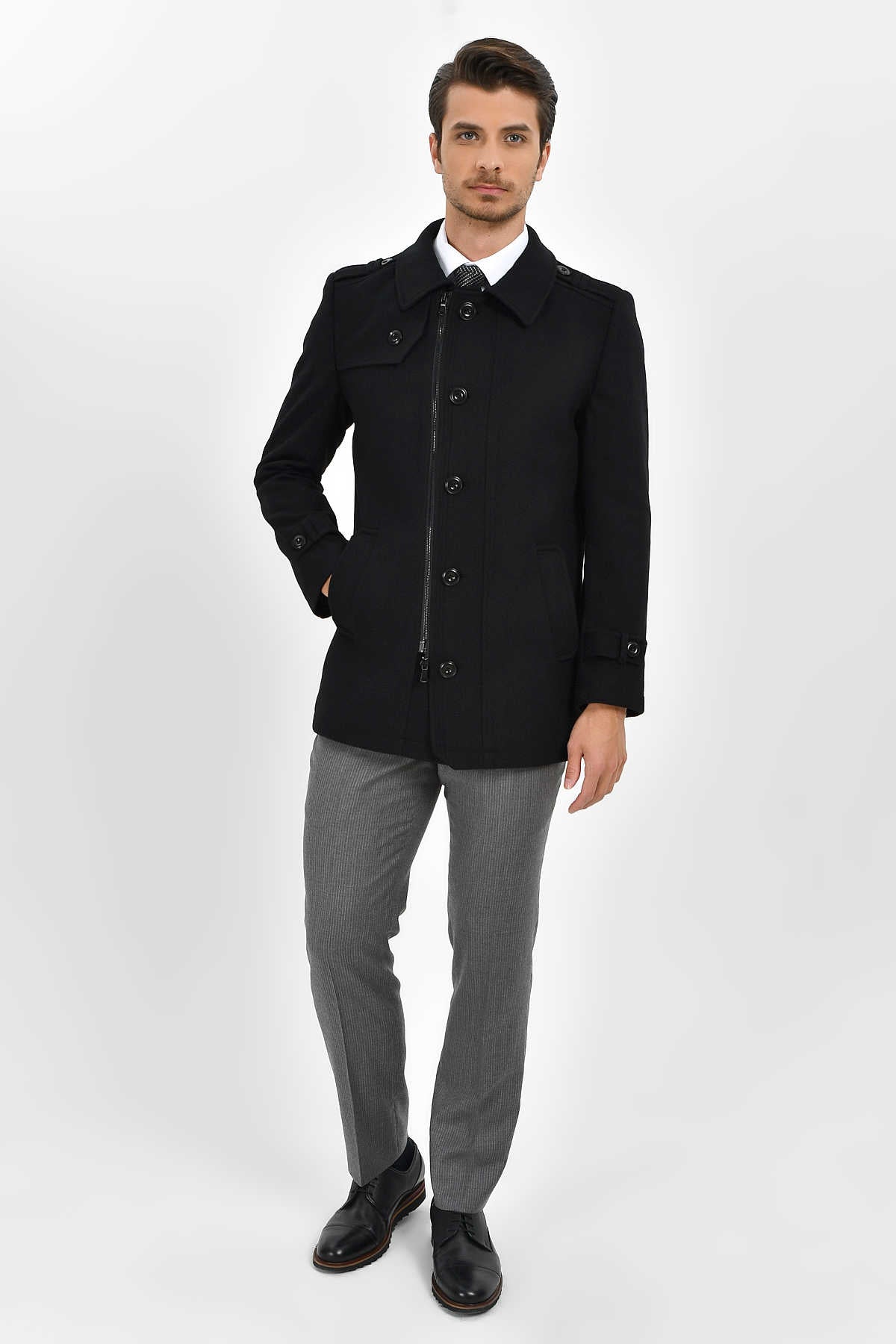 Regular Fit Cachet Flat Collar Wool Blend Black Coat - SAYKI